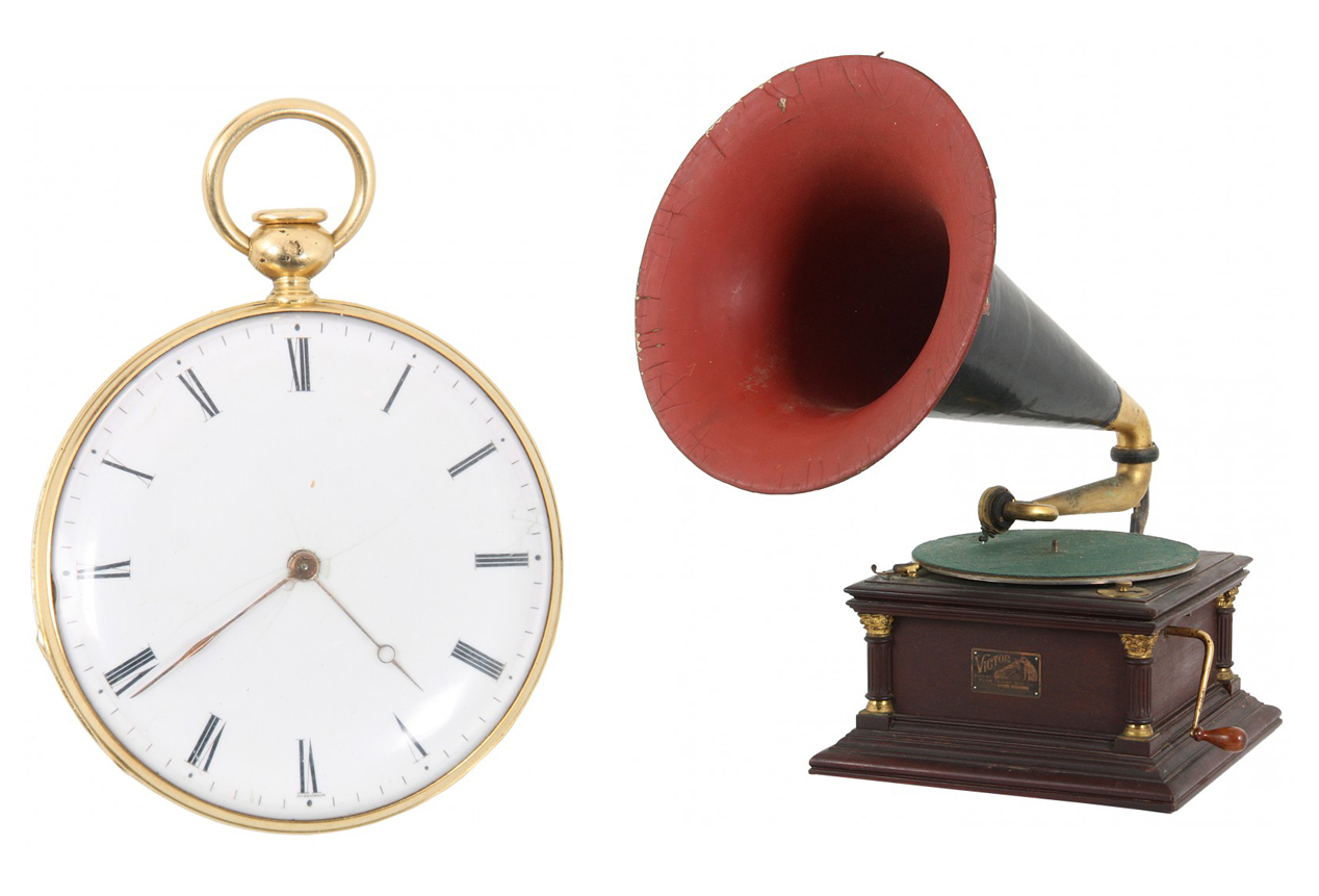 A rare repeater pocket watch that is actuated by a pusher in the stem and has with highly decorated dust cover is estimated at $3,000-$5,000. The Victor No. 6 phonograph features  mahogany case and an original japanned papier-mache horn with decal (est. $2,000-$3,000). Fontaine’s Auction Gallery images