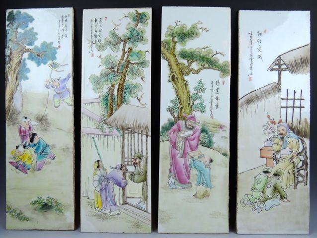 Four Chinese Famille Rose porcelain plaques, 21 7/8in x 6 3/4in each. Estimate: $1,200-$1,500. Don Presley Auction image