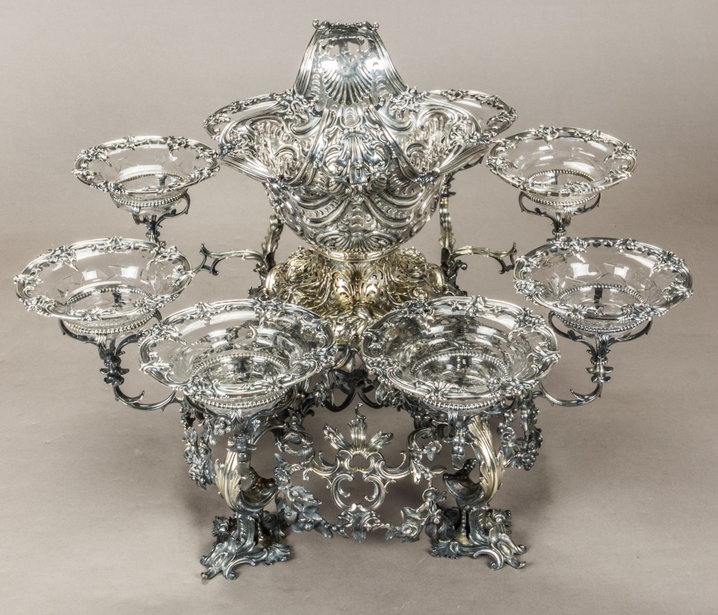 A George II sterling silver and silverplate eight-arm basket epergne, Thomas Gilpin, London, circa 1757-58, 16in x 22 1/2in x 20 3/4 in. Estimate: $30,000-$50,000. Gray's Auctioneers and Appraisers image 
