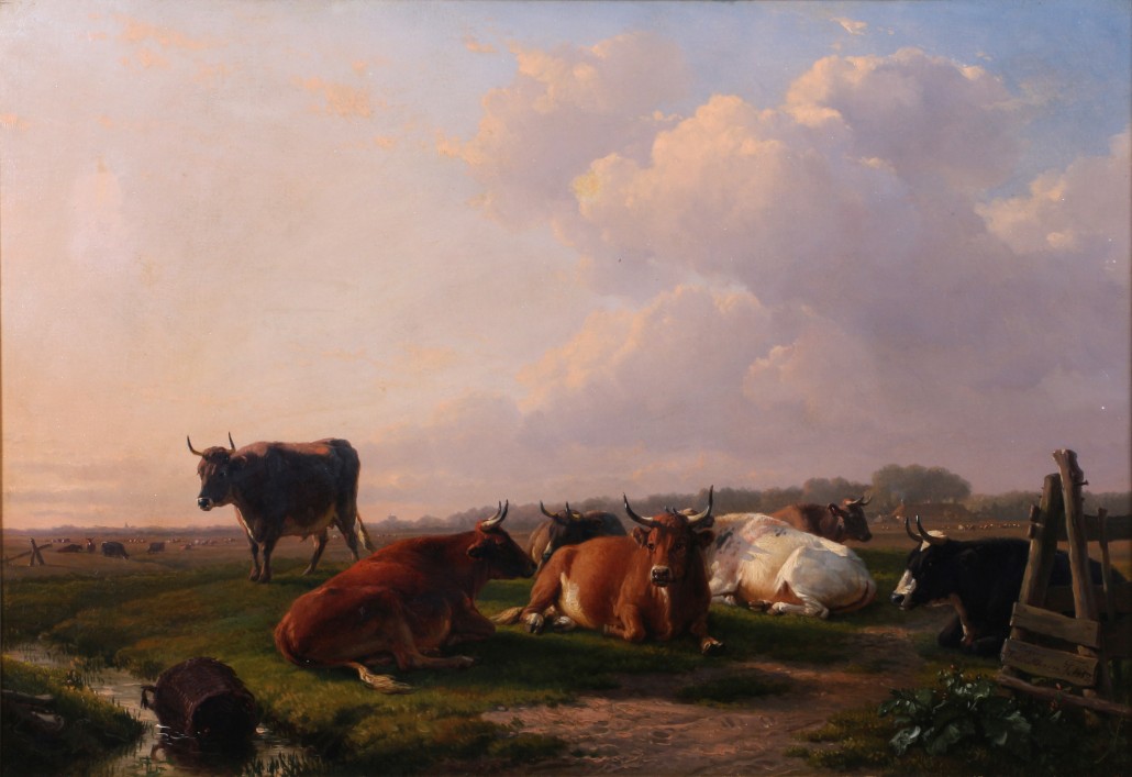 Eugène Verboeckhoven (Belgian, 1798-1881) ‘Cattle at Rest in an Evening Field,’ oil on canvas, signed and dated 1857 lower right, 23 3/8in x 31in. Estimate: $25,000-$35,000. Gray's Auctioneers and Appraisers image