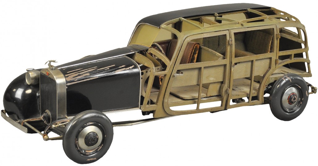 Rare dealer display replicating Hispano-Suiza sedan with visible interior, $12,980. Bertoia Auctions image
