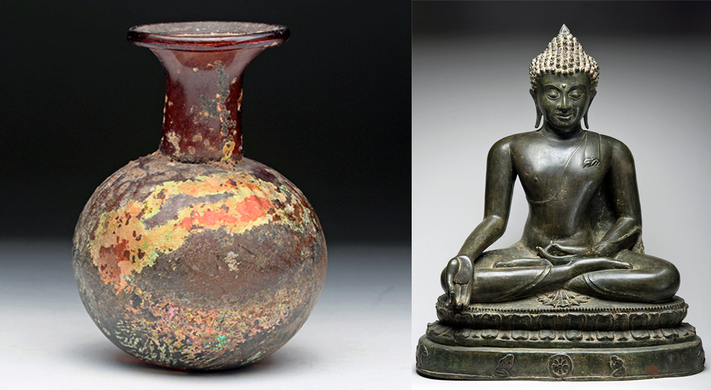 (Left) Fiery Roman glass vessel in aubergine and swirled iridescent gold, circa 2nd to 3rd century CE, est. $1,200-$1,800. (Right) Bronze Buddha, Bhumisparha Mudra pose, Thailand, 19th century CE, est. $7,000-$10,500. Artemis Gallery images