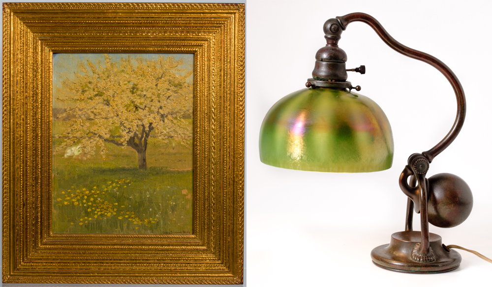 Clara Perry (1871-1940) oil on board, 14in x 11in (est. $2,000-$3,000) and a Tiffany Studios counter-balance desk lamp, circa 1909 (est. $2,000-$4,000). John McInnis Auctioneers image.