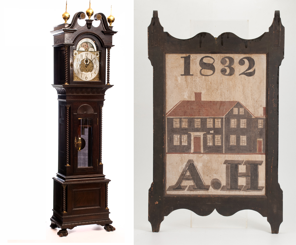 Walter Durfee tubular bell chime tall clock, Providence, R.I., circa 1885, oak case, 102 inches (est. $10,000-$20,000) and a wooden tavern sign, 1832, double-sided, 41 1/2 x 25 1/2 inches (est. $2,500-$5,000). John McInnis Auctioneers image