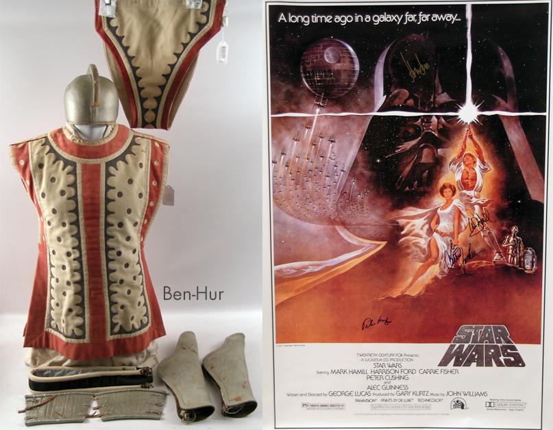 A complete costume from the Biblical epic ‘Ben-Hur’ and a poster for the original ‘Star Wars’ – signed by Harrison Ford, Mark Hamill, Carrie Fisher and Peter Mayhew – are a formidable double feature in the Hollywood Extravaganza Auction. Premiere Props image