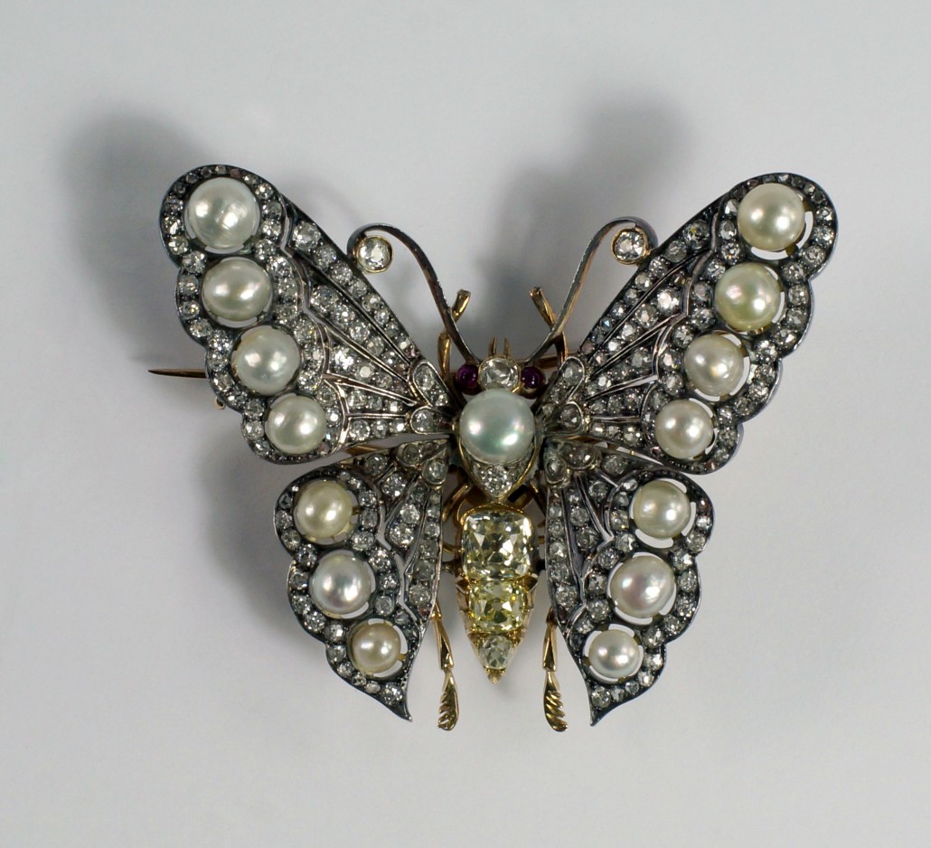From the Victorian era, this natural pearl butterfly brooch is estimated at £5,000-£7,000. Roseberys image