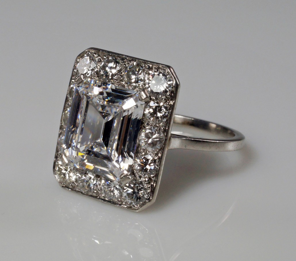 This exquisite emerald cut diamond halo ring is expected to sell for £5,000-£8,000. Roseberys image