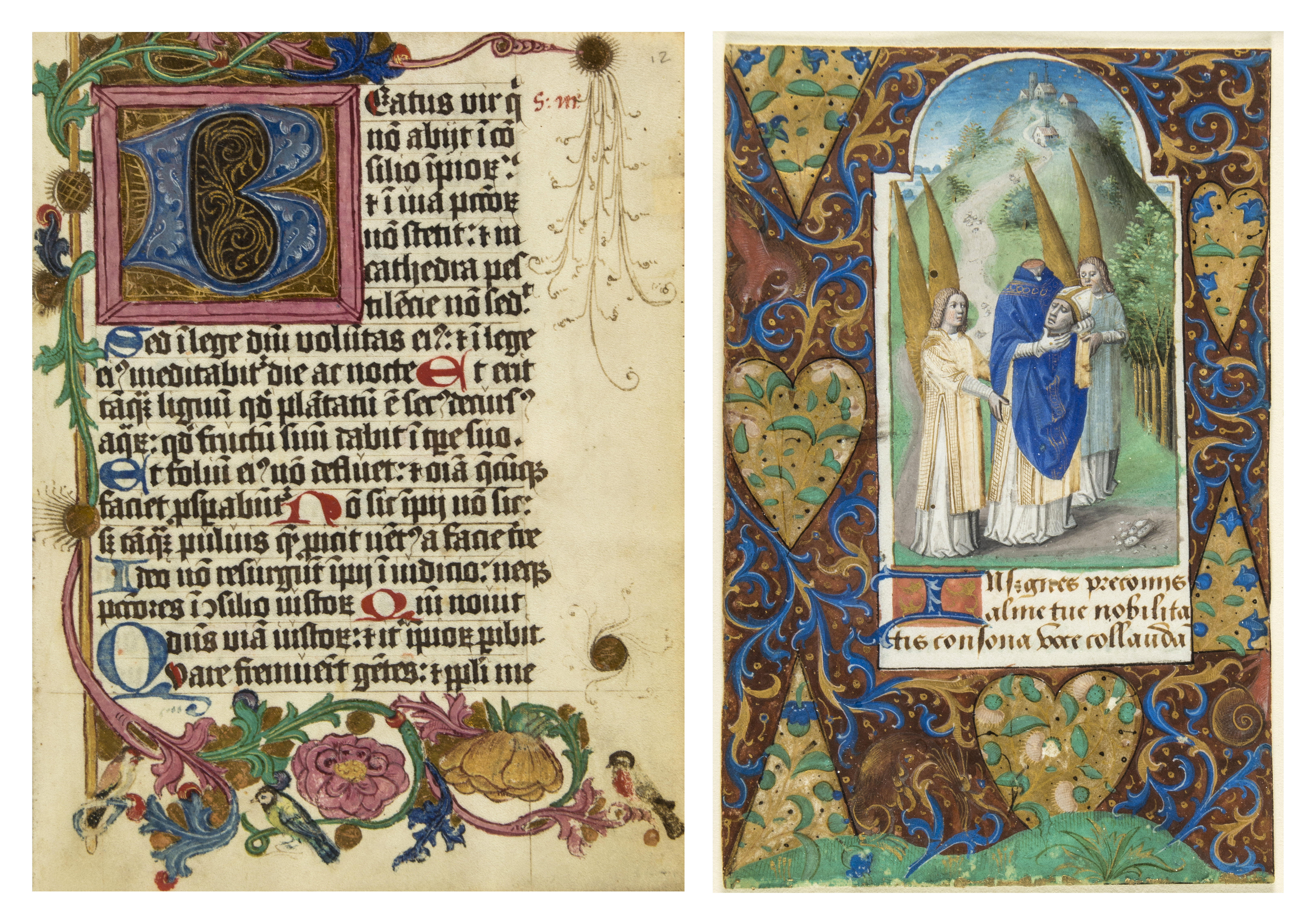 Psalter for Dominican Use (left), in Latin and German, illuminated manuscript on parchment, probably Nuremberg, dated 1473, 202 leaves. Estimate: £25,000–£35,000. St. Denis holding his severed head, large miniature on a leaf from a ‘Book of Hours,’ northern France (Paris), circa 1480. Estimate: £4,000–£6,000. Bloomsbury Auctions images