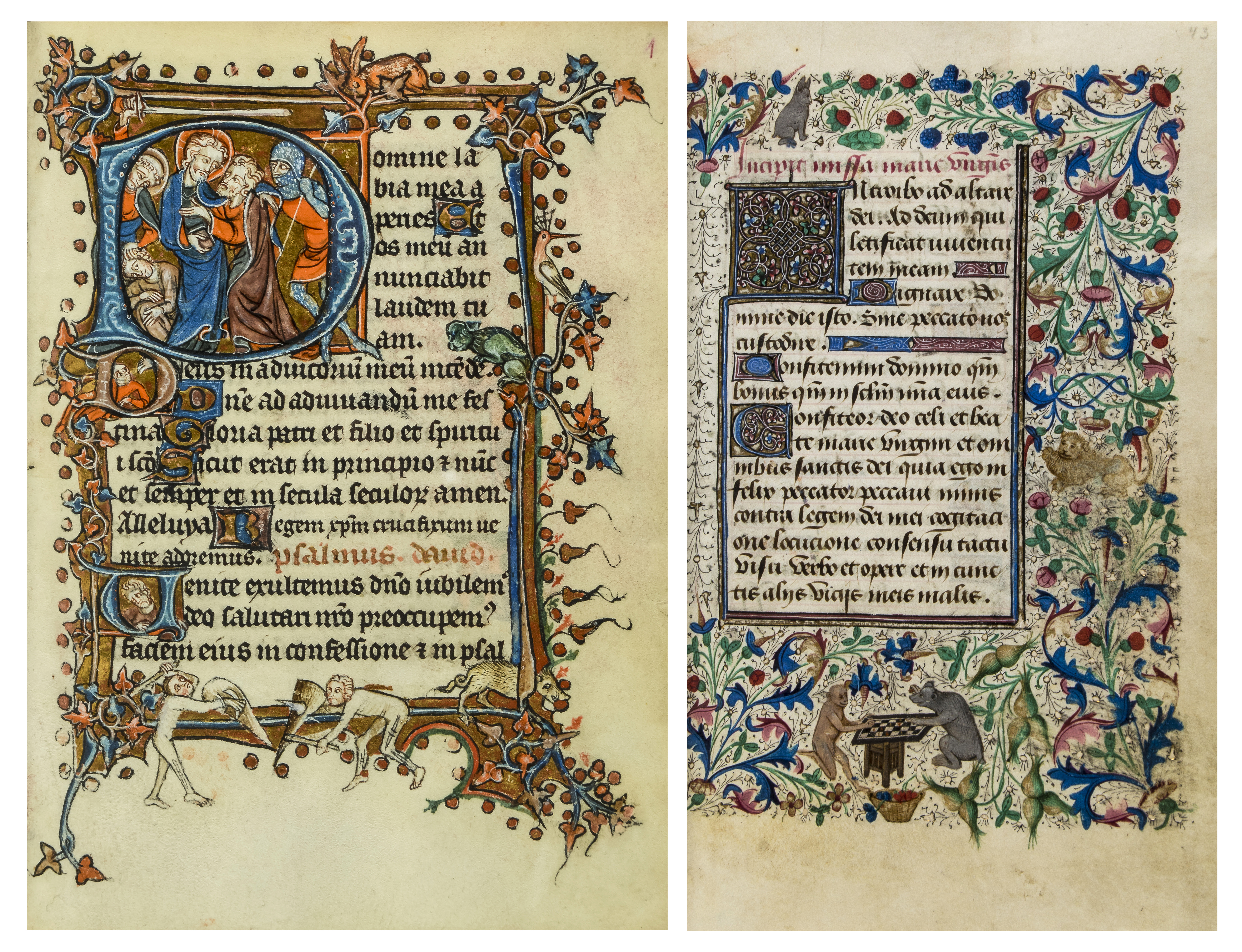 The Hours of the Cross (left) in Latin, opulently illuminated manuscript on parchment, northeast France, first half of 14th century, 24 leaves. Estimate: £40,000–£60,000. Book of Hours (right) with numerous other devotional texts in Latin and French, illuminated manuscript on parchment, southern Netherlands, circa 1460, 313 leaves. Estimate: £30,000–£50,000. Bloomsbury Auctions images