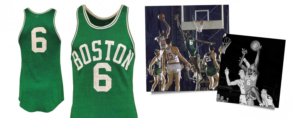 Bill Russell game-used Boston Celtics road jersey, early 1960s, believed to be one of only two of its type known and the only one available for public sale. Sold for $118,230; record price for a Bill Russell jersey at auction. Grey Flannel Auctions image