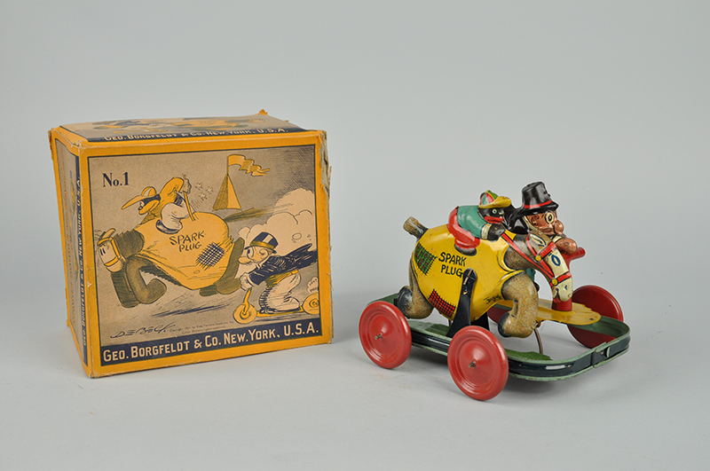 Barney Google with Spark Plug and jockey, attributed to Nifty, distributed by Geo Borgfeldt & Co., with possibly only known surviving box, $16,200. Morphy Auctions image