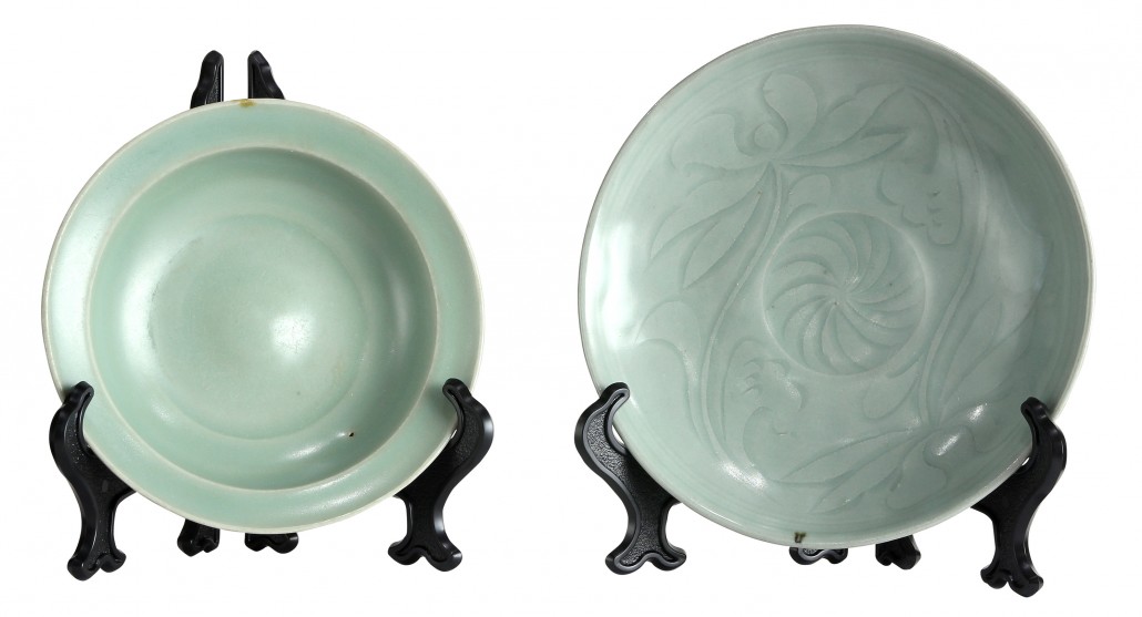 Hanson collection standouts include a Longquan celadon glazed shallow bowl, Song dynasty (est. $10,000-$20,000), and a Longquan celadon glazed dish incised with two lotus sprigs (est. $25,000-$45,000). Clars Auction Gallery image.