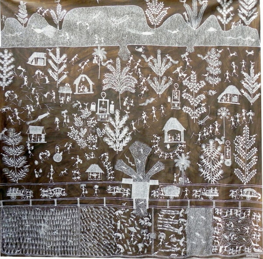 Jivya Soma Mashe (Indian, Warli Tribe, b. 1934-) ‘Childhood Memories,’ cow dung and acrylic on canvas, signed, 170 x 170cm. Estimate: £6,000-£8,000. Roseberys image  