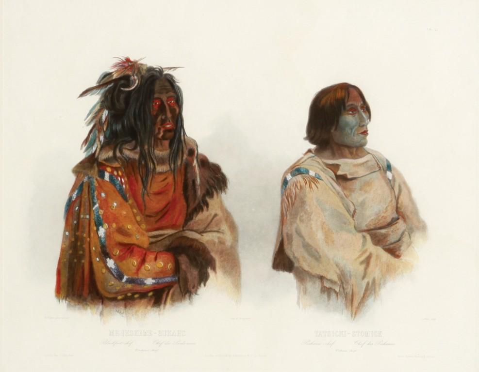 'Mehkskeme-Sukahs' and 'Tatsicki-Stomick' by Karl Bodmer; aquatint, from his volume of portraits of early 19th century American Indian chiefs. Image courtesy of LiveAucitoneers.com archive and the C.M. Russell Museum.