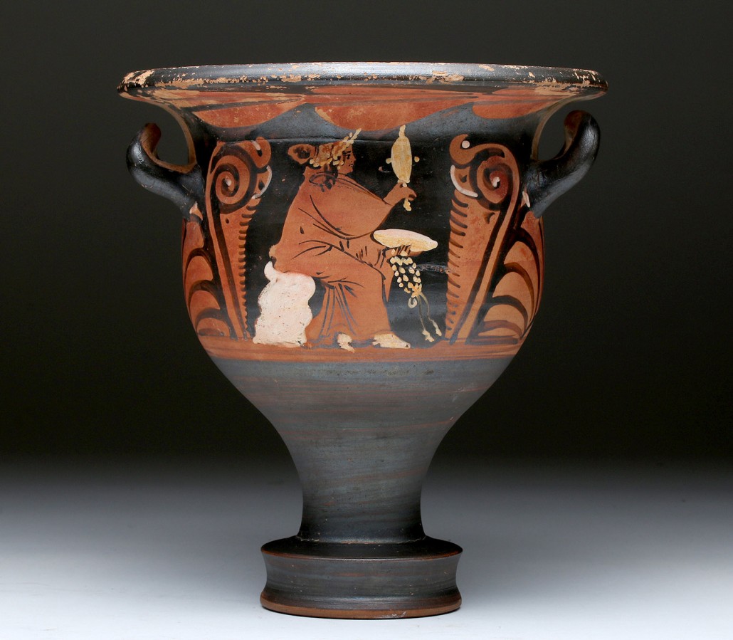 Greek Campanian bell krater, southern Italy, circa 330-310 BCE, ex Charles Ede collection, est. $2,500-$3,500. Artemis Gallery image