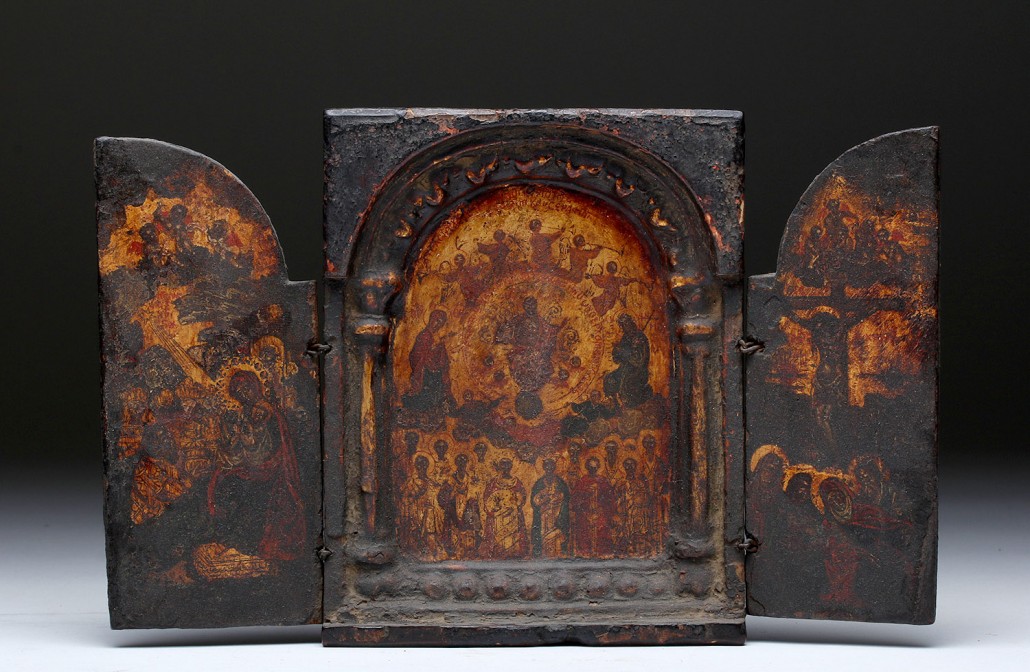 17th-century Greek 3-panel icon, ‘Second Coming of Christ,’ est. $1,800-$2,500. Artemis Gallery image