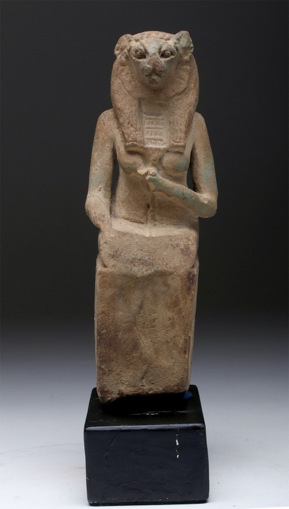 Egyptian faience sekhmet, Third Intermediate Period, circa 1069-664 BCE, 8½ inches, accompanied by French passport, est. $4,500-$5,500. Artemis Gallery image