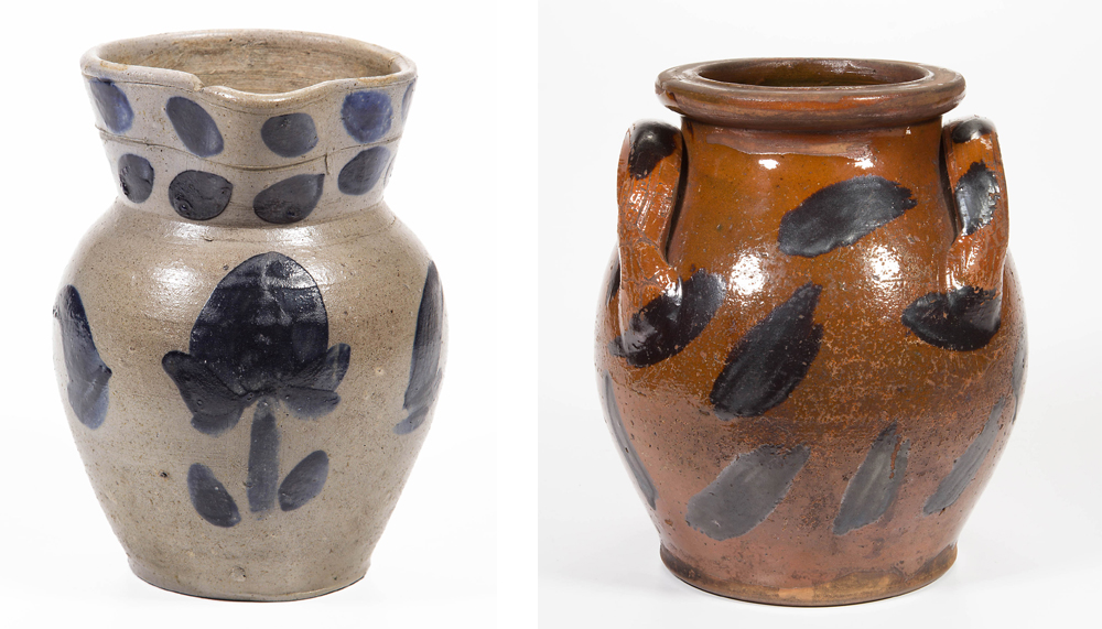 The rare Zigler Pottery, Timberville, Rockingham County, Shenandoah Valley of Virginia, diminutive stoneware cream pitcher, circa 1835, sold for $6,325. The East Tennessee / Southwest Virginia Great Road decorated earthenware honey pot (right), circa 1850, achieved $5,750. Jeffrey S. Evans & Associates image