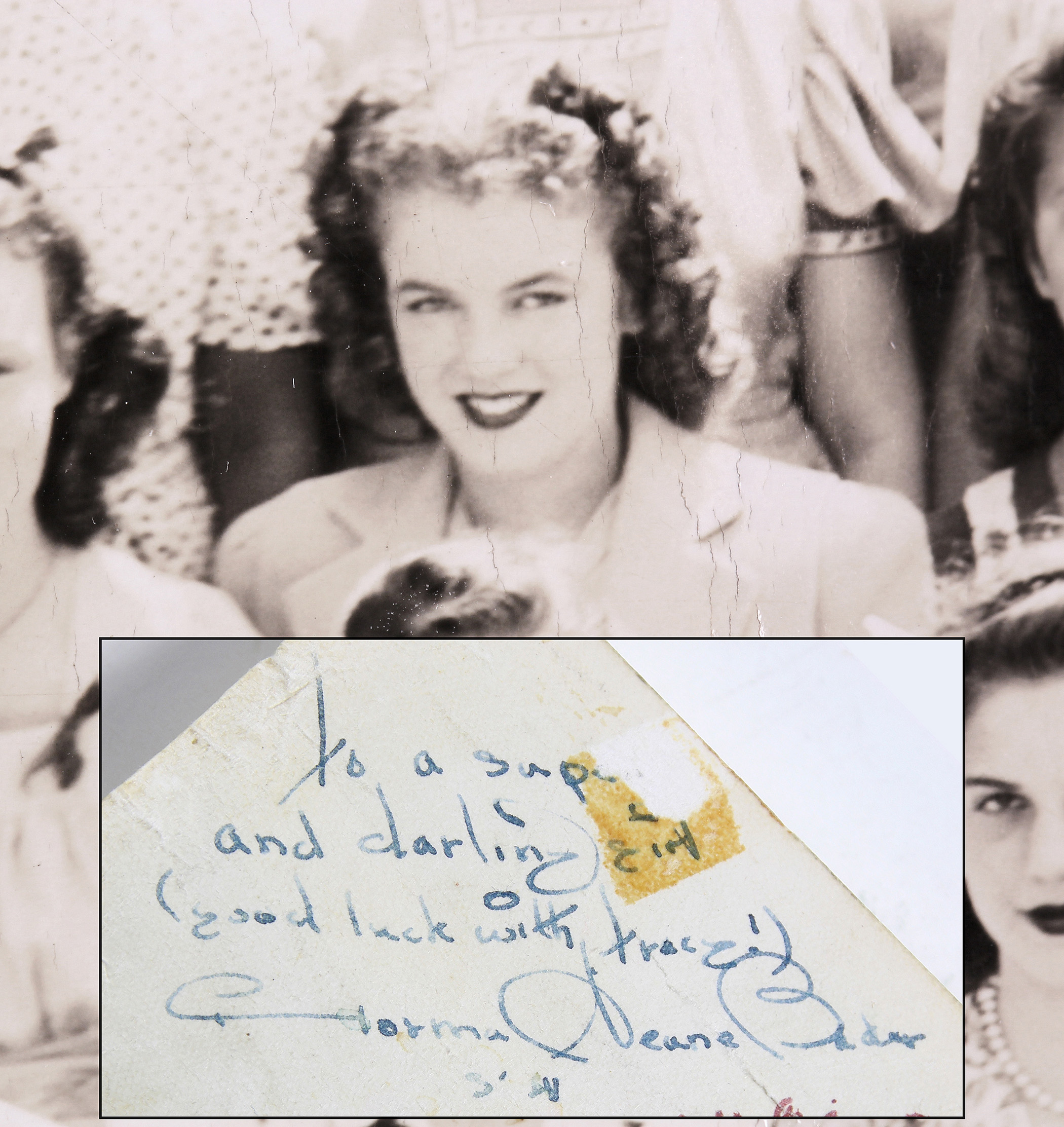 Norma Jean Baker (Marilyn Monroe) autographed her 1941 junior high school class photograph, which sold for $6,000. Clars Auction Gallery image