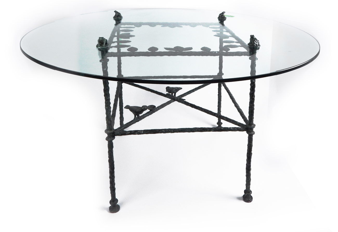 The after Diego Giacometti sculptural table has a bronze base and glass top (est. $6,000-$8,000). Roland Auctions NY image