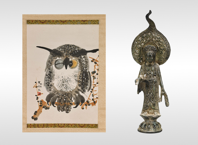 One of three Chinese paper scrolls features this owl. The other two depict cherries and a gourd with ladybug. The largest measures 36in x 15in (est. $400-$500). The Chinese Ming Dynasty bronze female figure, possibly Guanyin stands 10in high. (est. $1,500-$2,500). I.M. Chait Gallery/Auctioneers images
