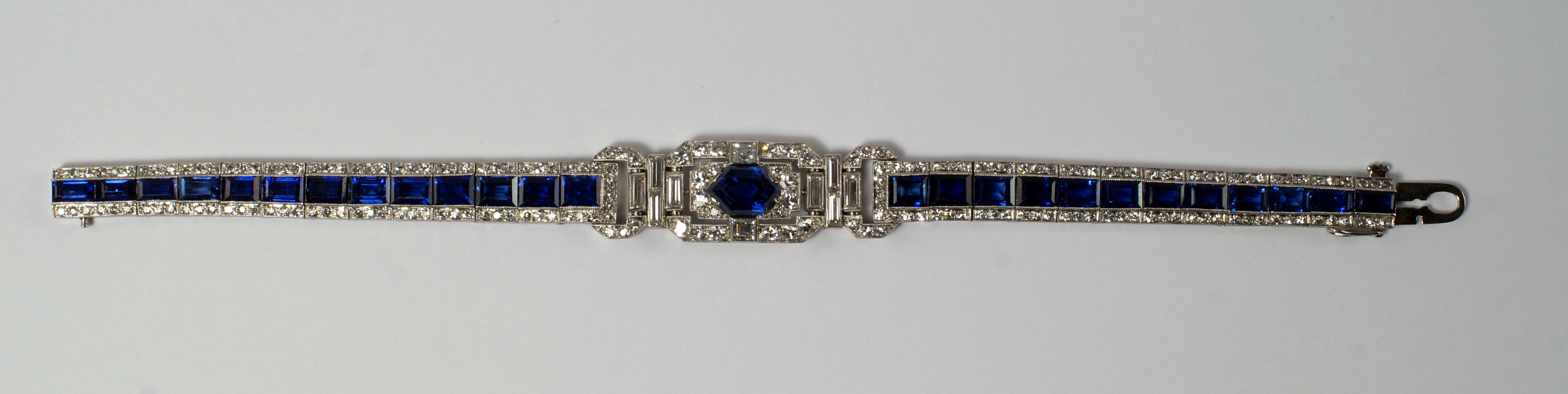 Art Deco sapphire and diamond bracelet set in unmarked platinum, price realized: £11,685 ($17,951). Roseberys image