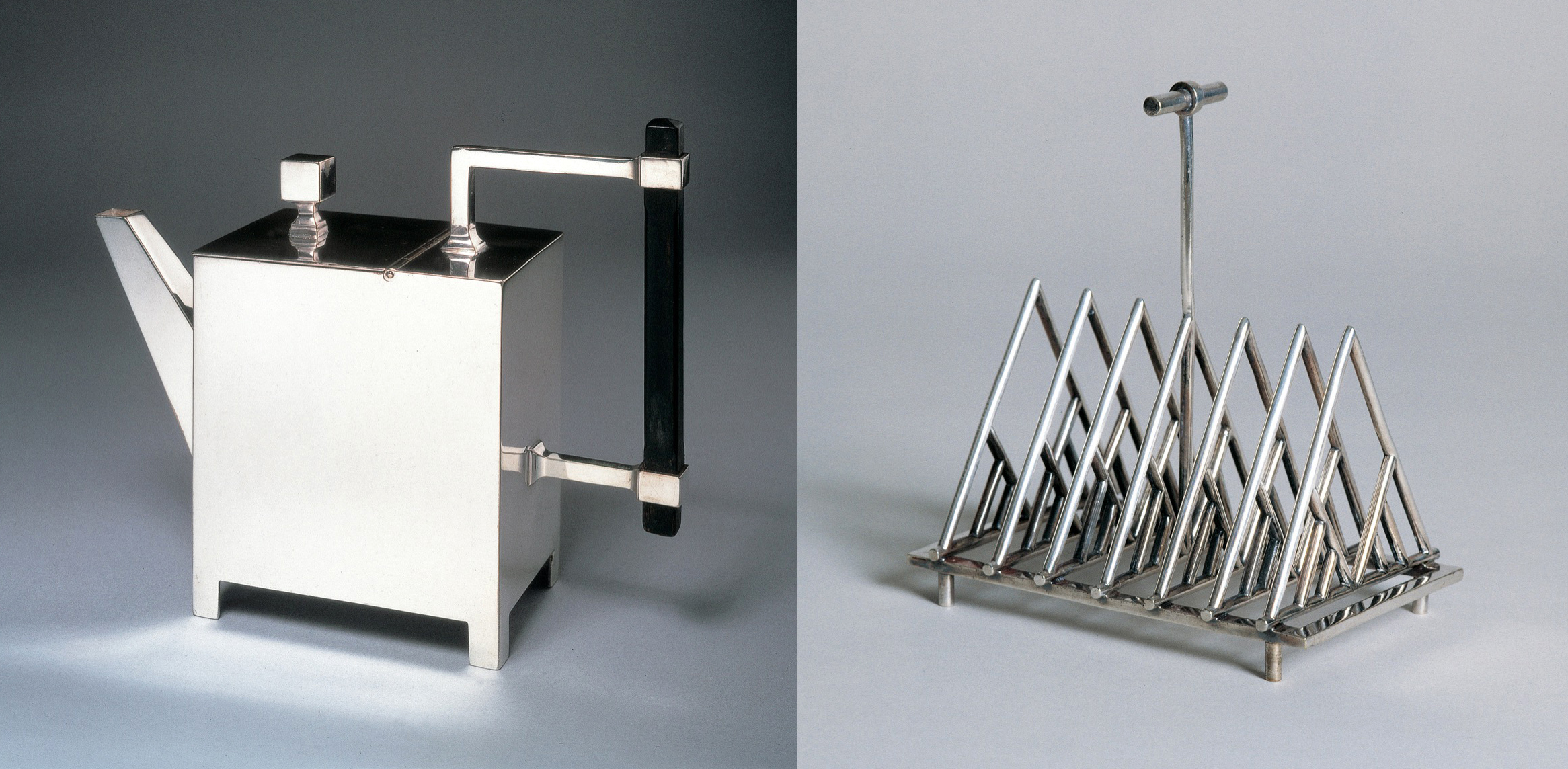 A silver-plated teapot with ebonized wood handle made by James Dixon & Sons, Sheffield, in about 1878, and a silver-plated toast rack by James Dixon & Sons about a year later. Photos by The British Museum and Michael Whiteway respectively