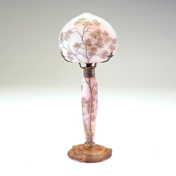 Daum Nancy cameo pictorial glass boudoir lamp. Price realized: $15,340. Michaan’s Auctions image