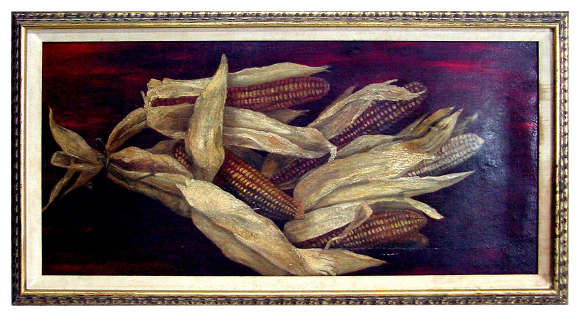 Unsigned still life, ears of corn, oil on canvas, likely dates to the last quarter of the 19th century, 13 1/2in x 27 1/2in, in modern frame (est. $100-$200). John Coker Ltd. image