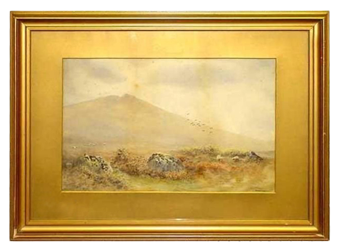 W.H. Dyer painting of sheep grazing on a hillside, 20 1/2in x 13 1/4in, 19th century (est. $400-$800). John Coker Ltd. image