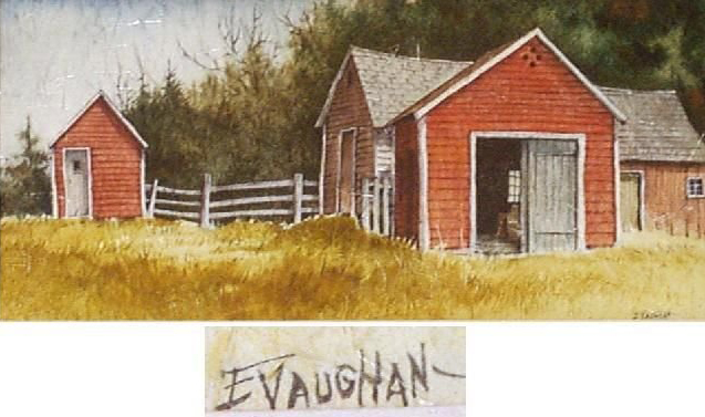 Signed E. Vaughan (California), watercolor painting of barns, 14in x 7in (est. $450-$900). John Coker Ltd. image