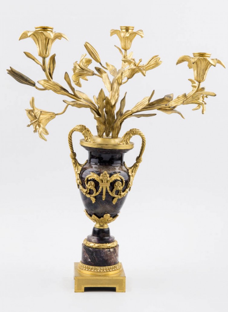 A fine and rare ormolu-mounted three-branch candelabrum attributed to Matthew Boulton, 1775-80, estimated at £20,000-£30,000. Photo Fellows auctioneers
