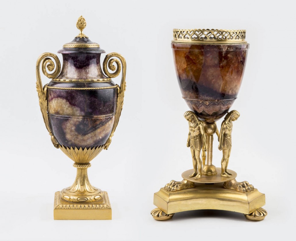 A museum-quality ormolu-mounted urn and cover attributed to Matthew Boulton, 1775-80, estimated at £20,000-£30,000, and an ormolu-mounted chalice, probably after an Egyptianesque design by William Chambers and executed by Boulton, circa 1775-80, estimated at £3,000-£5,000. Photos Fellows auctioneers