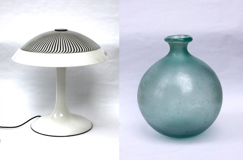 The Lino Tagliapietra table lamp features a blown glass shade and retains its original label (est. €3,000-€3,500). The rare round-shape glass vase (right) was designed by Flavio Poli and executed by Seguso Vetri D'Arte glassworks in Murano, Italy, circa 1935 (€2,000-€2,500). Nova Ars images