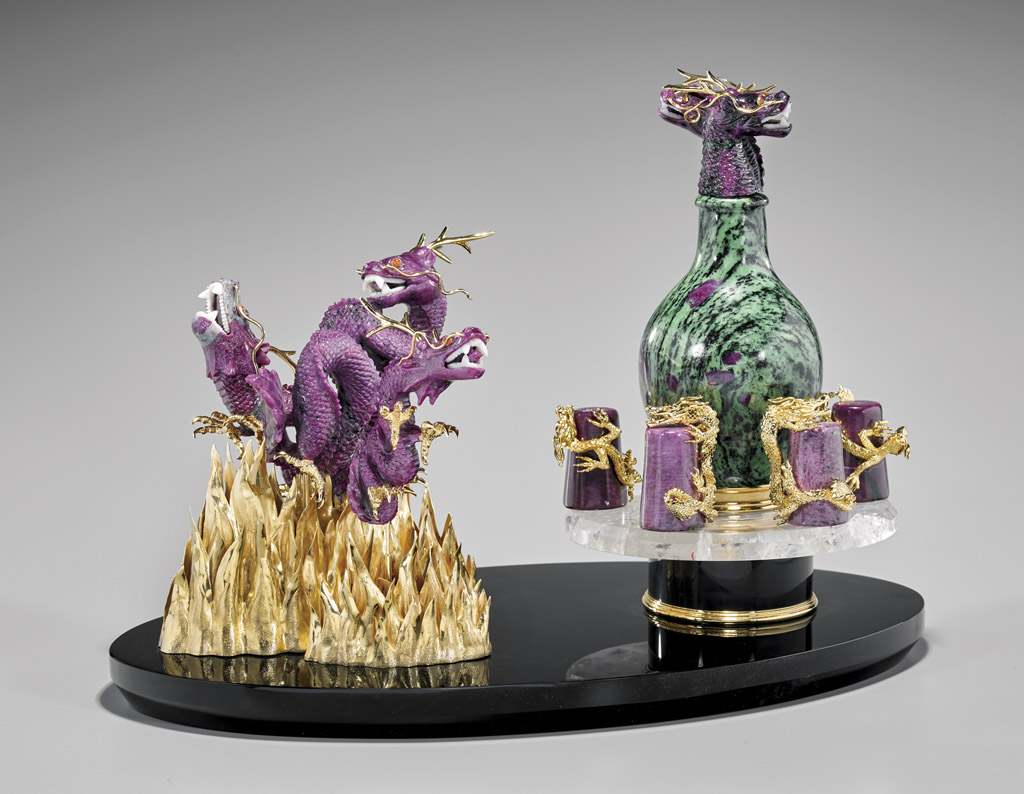Lapidary dragon decanter set designed by Luis Alberto Quispe Aparicio specifically for the traditional Chinese liquor Moutai (est. $50,000-$60,000). I.M. Chait Gallery/Auctioneers