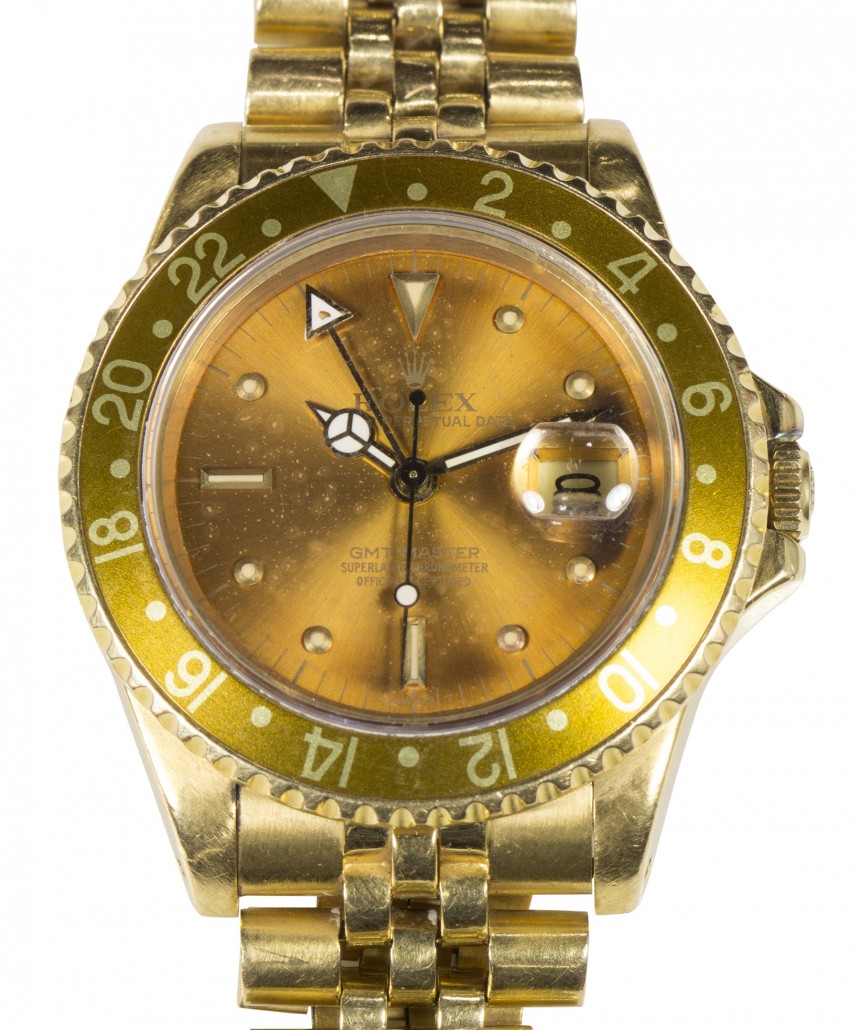 This 1980s Rolex GMT Master Oyster Perpetual 18K yellow gold wristwatch has a $10,000 to $15,000 estimate. Clars Auction Gallery image