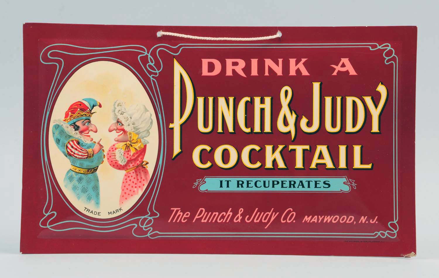 Circa-1910 Punch & Judy Cocktail celluloid-over-cardboard sign, 12 x 7 inches, est. $800-$1,200. Morphy Auctions image
