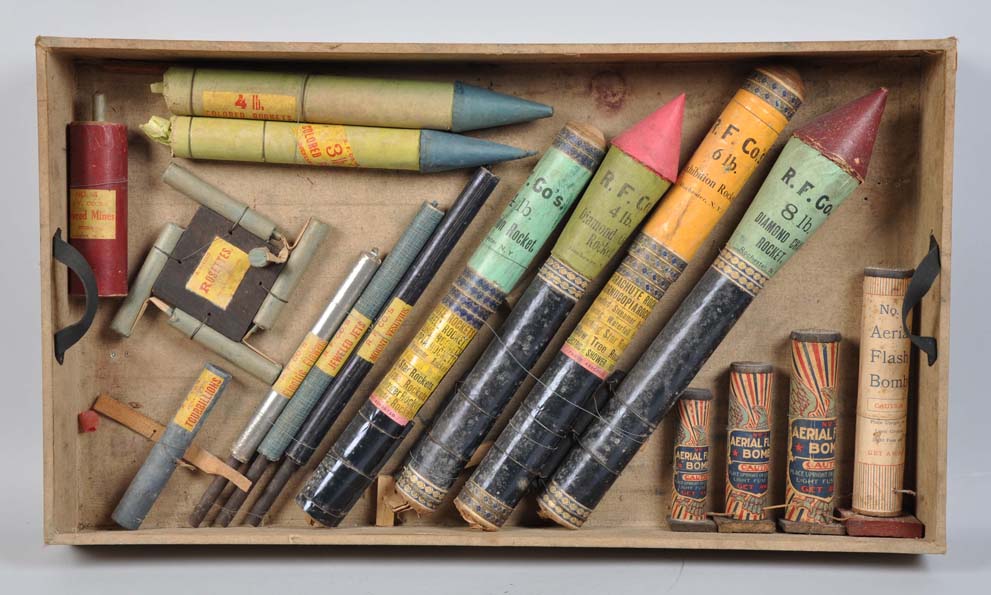 1890s Rochester Fireworks Co. salesman’s sample display with 16 original, wire-mounted fireworks, est. $5,000-$15,000. Morphy Auctions image