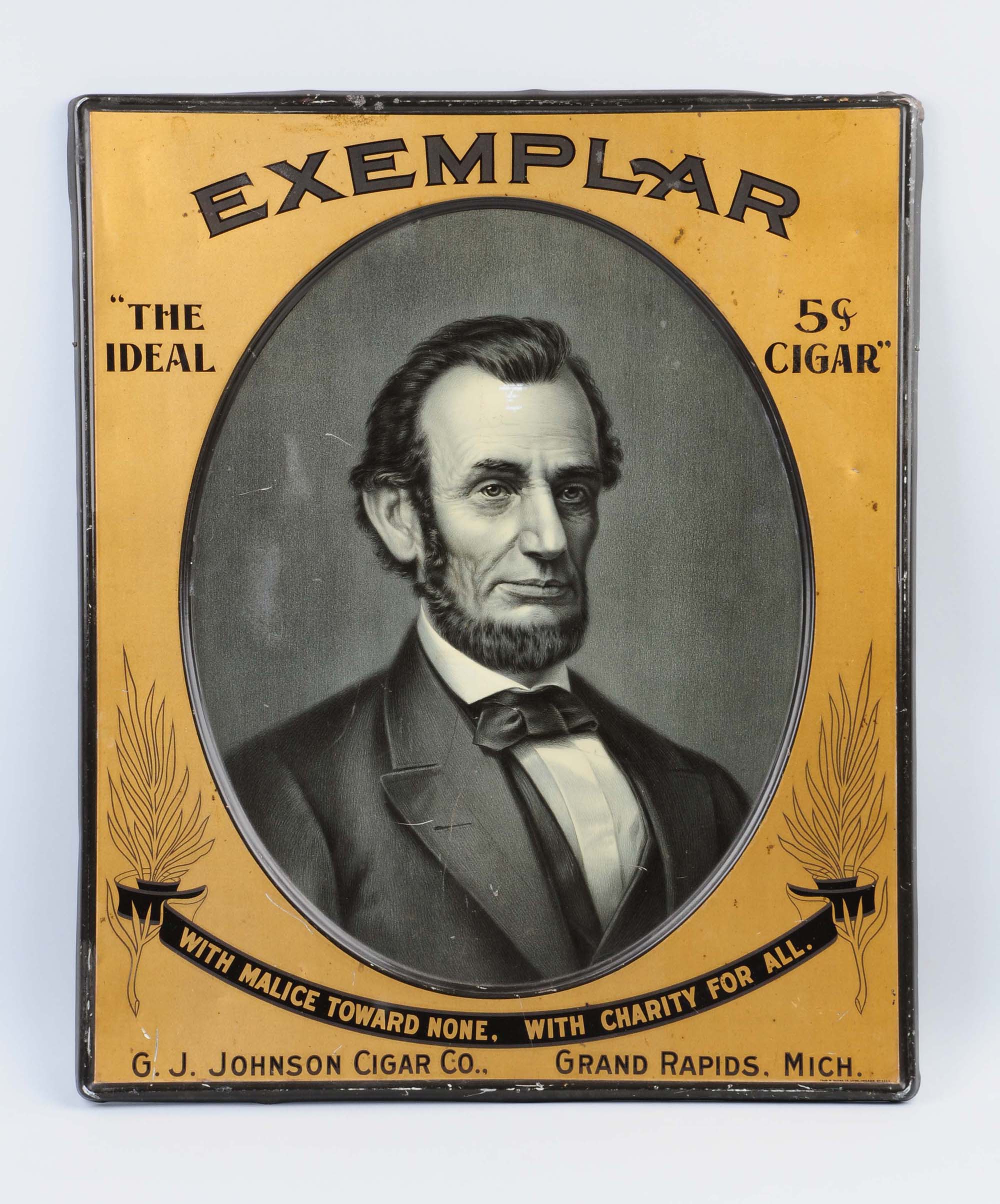 Exemplar 5-Cent Cigar self-framed tin sign with Lincoln oval portrait, 24¼ x 20¼ inches, est. $3,000-$6,000. Morphy Auctions image