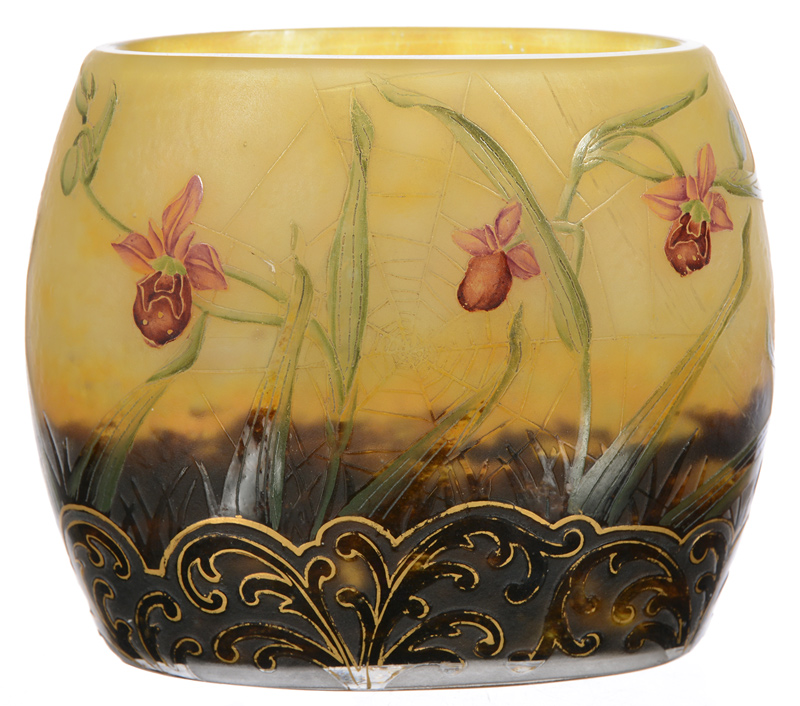 Signed Daum Nancy French cameo art glass pillow vase with carved floral, wasp and spider web design, 4 inches by 4 1/2 inches ($3,250). Woody Auction image