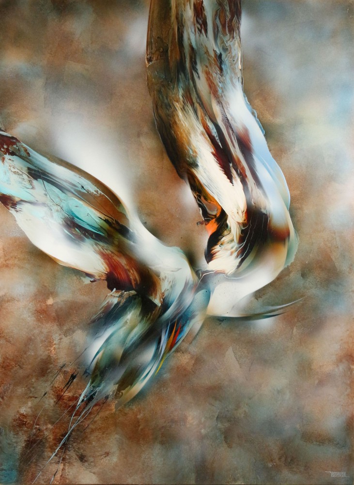 Acrylic on Masonite board painting by Leonardo Nierman (Mexican, b. 1932), titled ‘Bird of Paradise,’ an abstract rendering of an elegant feathered bird. Ahlers & Ogletree image