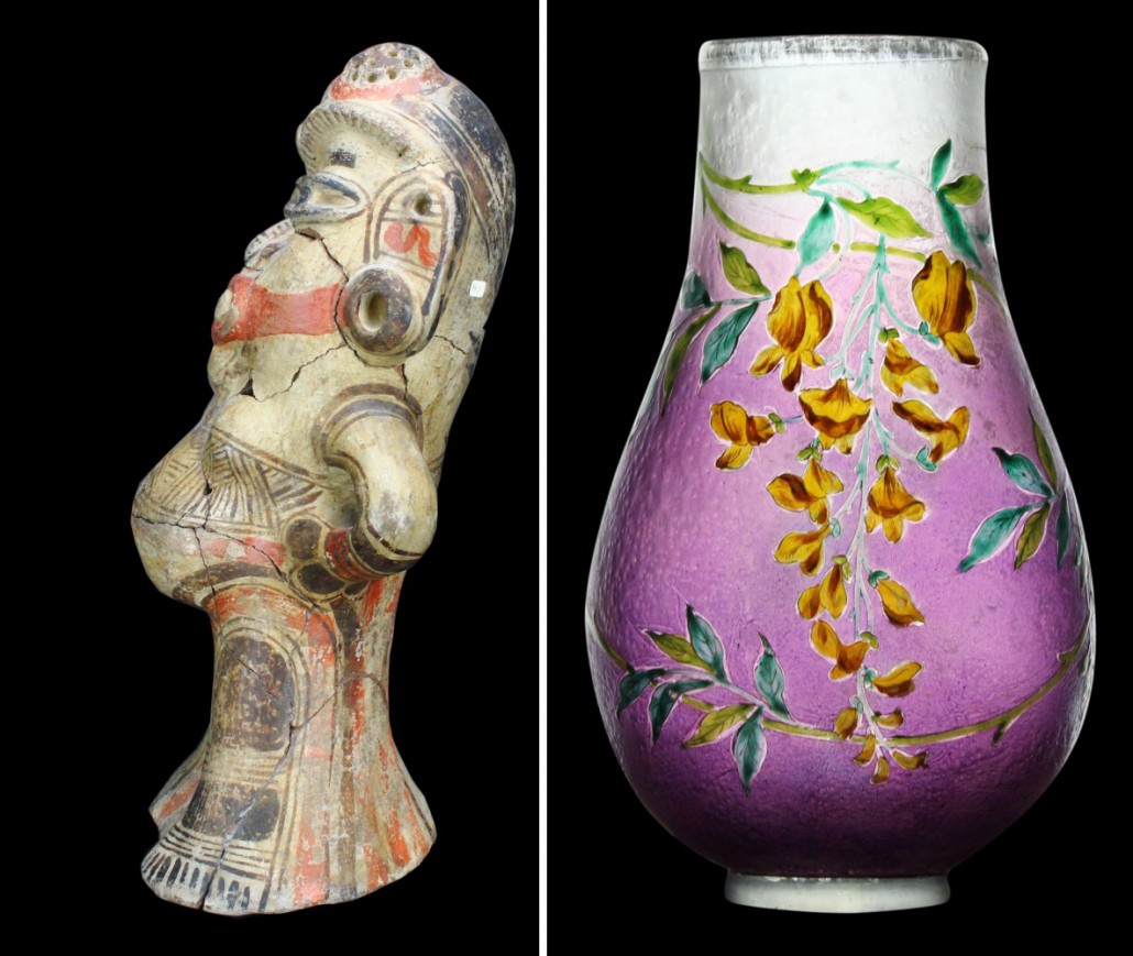 The pre-Columbian statue of a pregnant woman is nearly 17 inches tall and about 2,000 years old. The colorful circa-1910 art glass vase is one many pieces in the sale signed by and/or attributed to the French maker LeGras. Louis J. Dianni LLC images