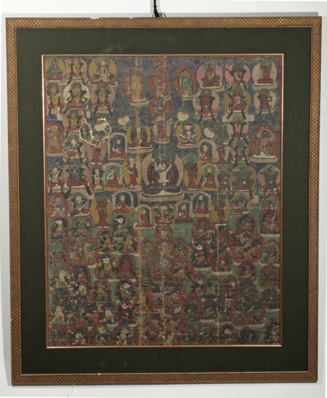 Circa-18th-century Sino-Chinese thagnka, 30 x 40 inches (framed), est. $3,000-$5,000. Artemis Gallery image
