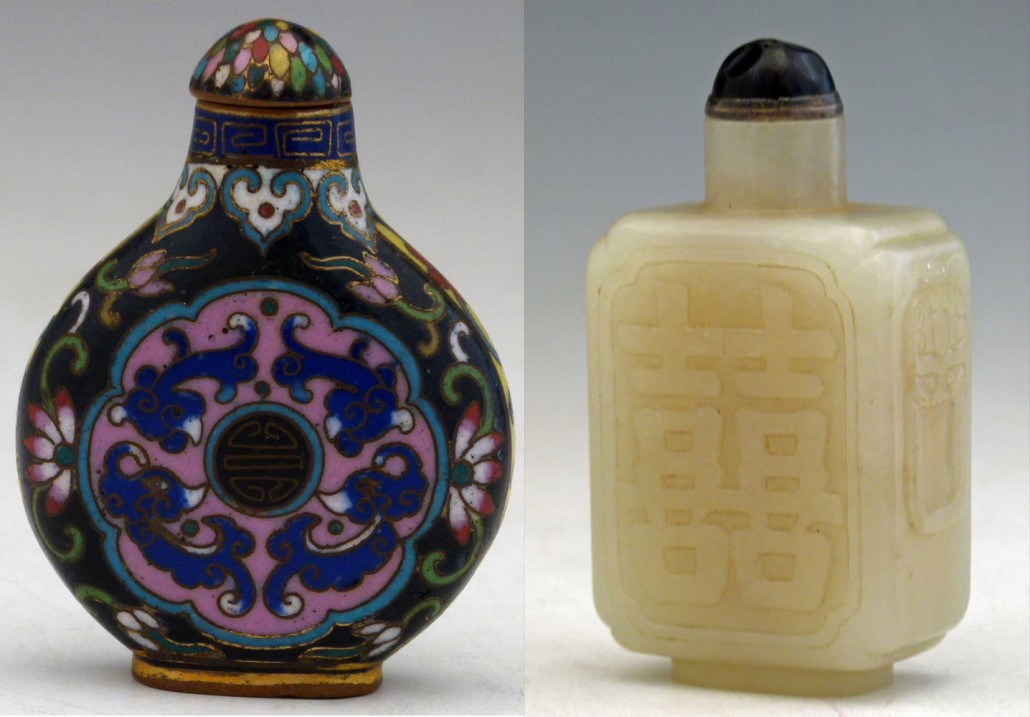A rare cloisonné enamel snuff bottle (left) with a moon flask body decorated with shou medallions, the symbol for longevity. It sold for £2,100. A white jade snuff bottle carved with shou longevity symbols and taotie (ogre) handles. It sold for £650. Photos: Peter Wilson auctioneers