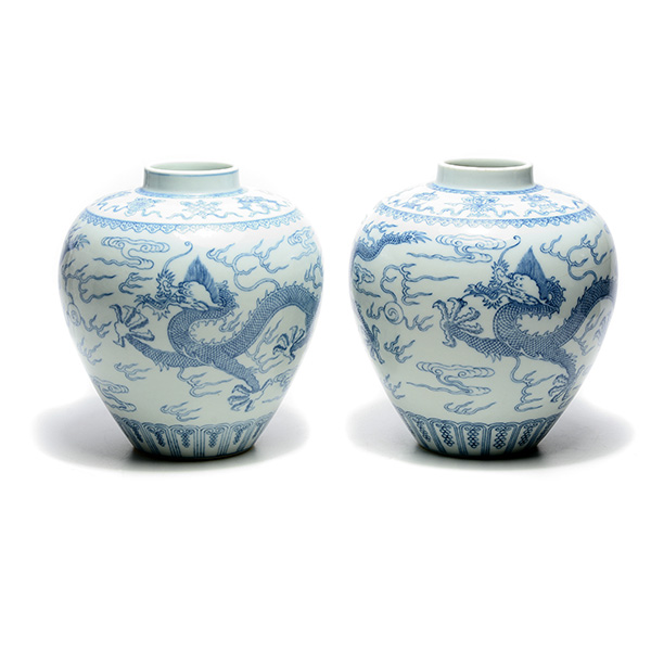 Pair of underglaze blue dragon jars. Price realized: $38,350. Michaan’s Auctions image
