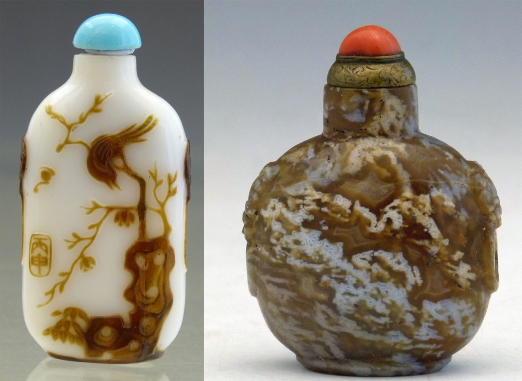 A white glass snuff bottle (left) overlaid with brown glass carved to depict a bird in a tree on one face and a basket of flowers on the other. The seal mark dates it to 1836. Saleroom estimate £1,000-£1,200. An appropriately named macaroni agate snuff bottle with red coral cap. Saleroom estimate £600-£700. Photos: Peter Wilson auctioneers
