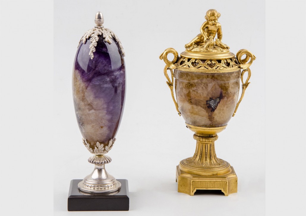 Ancient and modern: a 20th century lidded urn with silvered cast oak leaf and acorn mounts (left) estimated at £500-£700, and a cassolet, or urn, and cover with ormolu mounts, circa 1800, £1,200-£1,800. Photo Fellows auctioneers