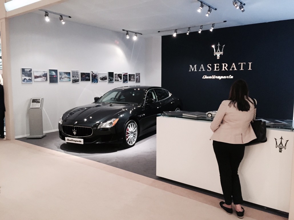 Today’s fine art fairs are all about luxury goods. The Maserati stand was cheek by jowl with ancient works of art at the 2015 Masterpiece fair. Image Auction Central News. 