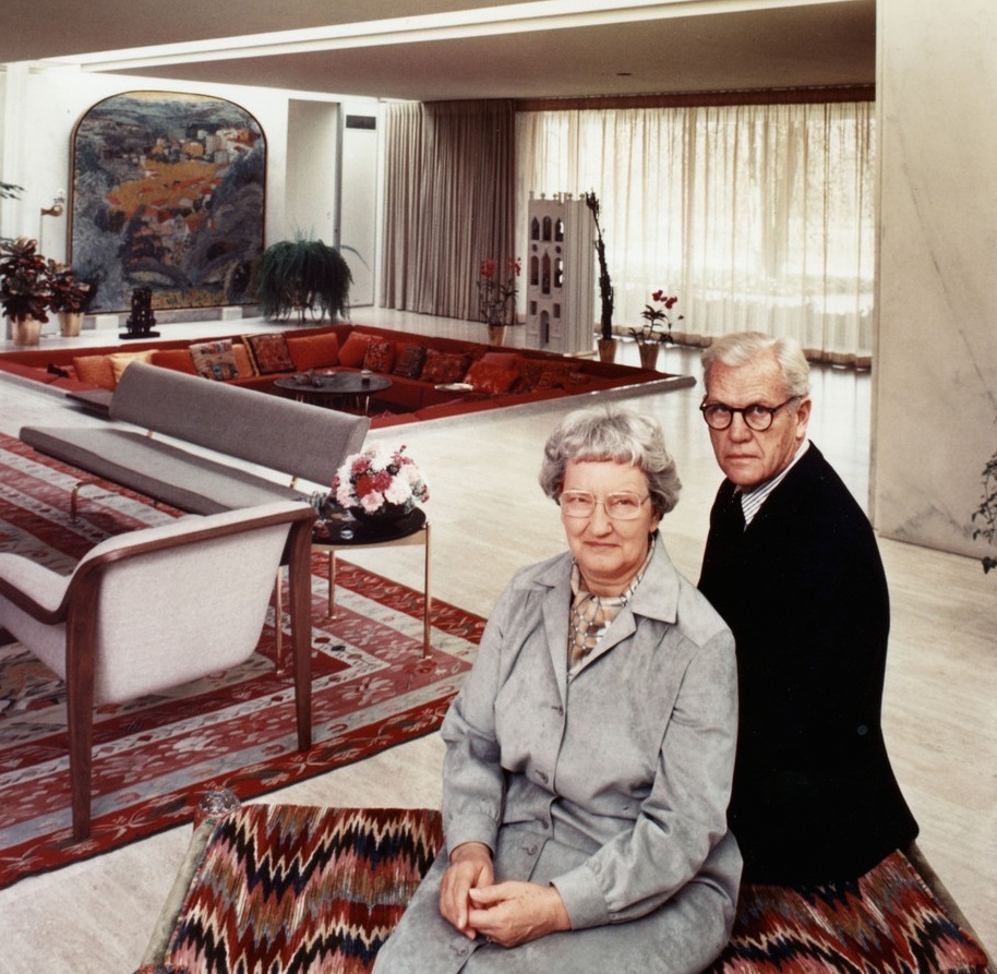 J. Irwin and Xenia S. Miller in the living room, no date, Miller House and Garden Collection (M003), IMA Archives 