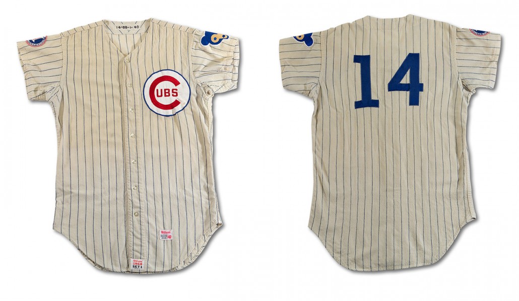 1968 Chicago Cubs home jersey game worn by the late Ernie Banks, known as 'Mr. Cub.' Image courtesy of SCP Auctions